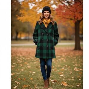 Buffalo Checks Double Breasted Notched Lapel Plaid Trench Pea Coat